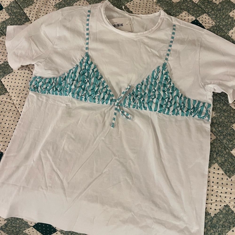 Pitusa White Tee with Teal Patterned Bra Overlay